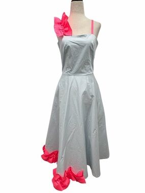 Paskal Ruffled Satin Trimmed Stretch Cotton Poplin Blue Pink Midi Dress X-Small